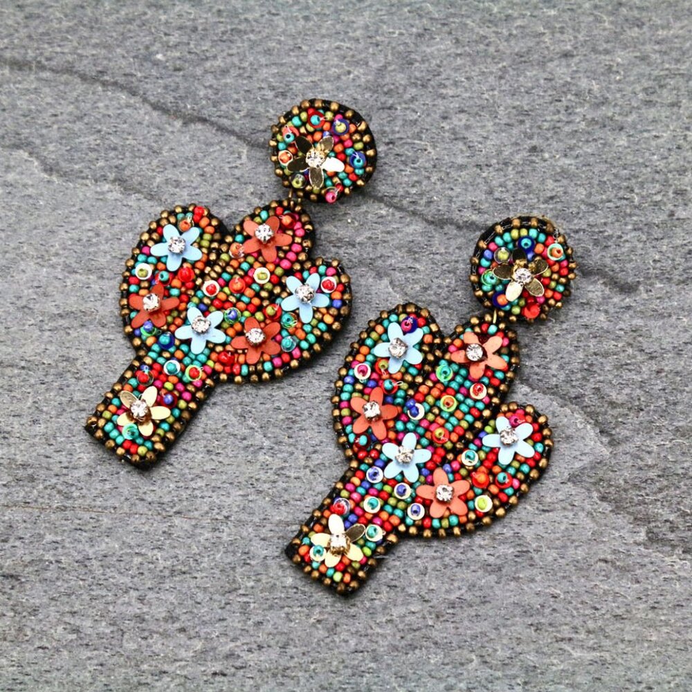 Bead & Flower Western Boho Cactus Earrings